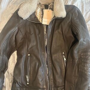Rino & Pelle Brown Leather Jacket with Shearling Collar NWT